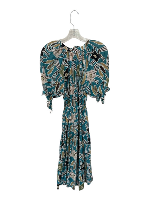Ulla Johnson Size Est M Blue & Green Puff Sleeves Floral V Neck Dress Blue & Green / Est M