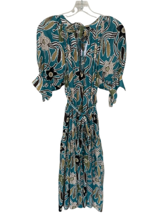 Ulla Johnson Size Est M Blue & Green Puff Sleeves Floral V Neck Dress Blue & Green / Est M