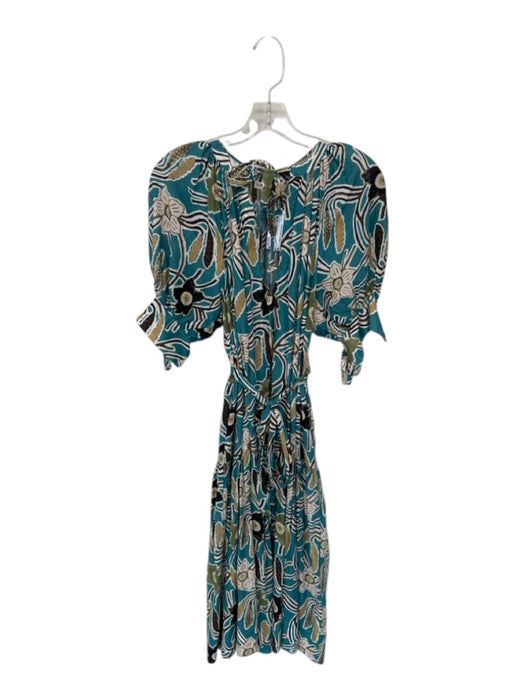 Ulla Johnson Size Est M Blue & Green Puff Sleeves Floral V Neck Dress Blue & Green / Est M