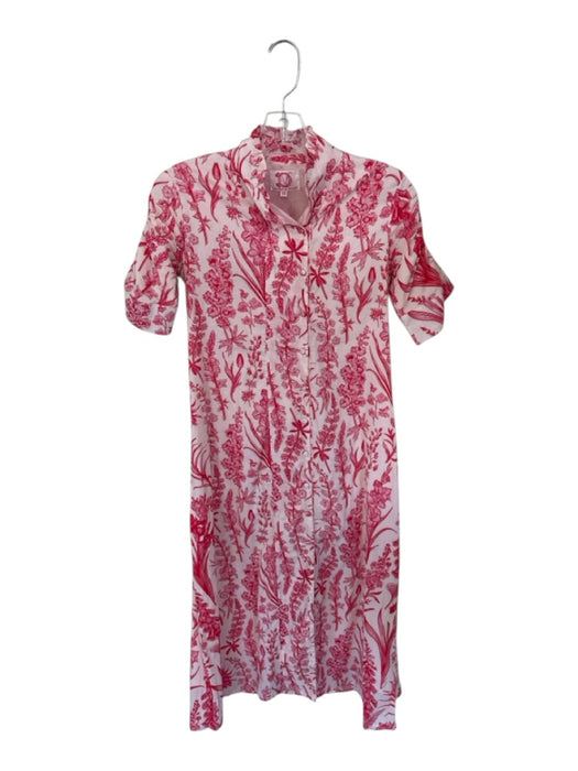 Victoria Dunn Size XS Pink & Cream Cotton Botanical Puff Sleeve Button Up Dress Pink & Cream / XS