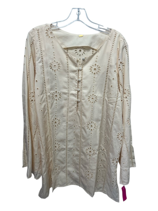 Juan D Dios Size M Light Beige Cotton Long Sleeve Buttons Floral Eyelet Coverup Light Beige / M