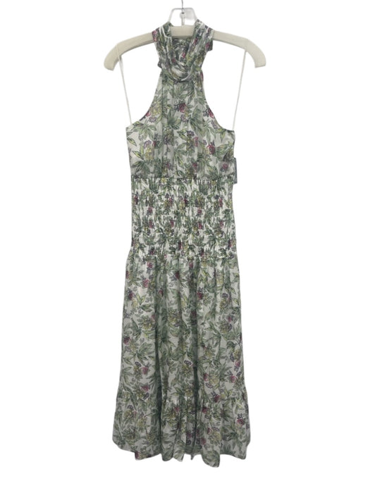 Cinq a Sept Size 6 White, Green & Multi Cotton & Silk Botanical Tie Neck Dress White, Green & Multi / 6
