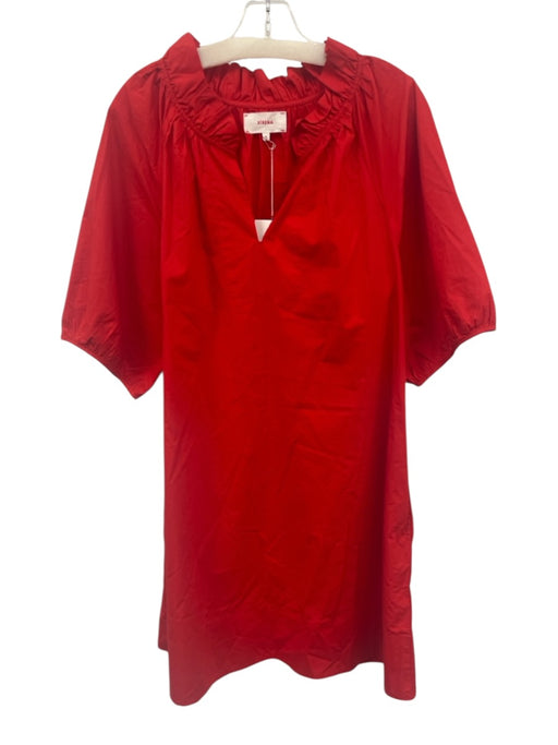 XiRENA Size M Red Cotton 1/2 Balloon Sleeve Ruffle Collar V Neck Pocketed Dress Red / M
