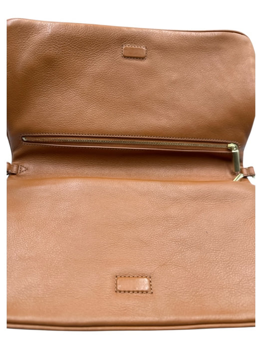 Tory Burch Camel Brown Leather Flap Closure embossed logo Clutch Bag Camel Brown