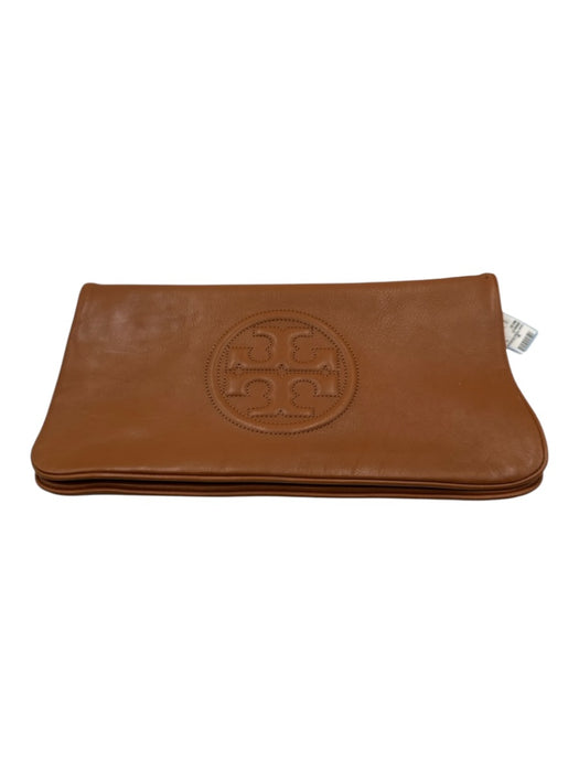 Tory Burch Camel Brown Leather Flap Closure embossed logo Clutch Bag Camel Brown