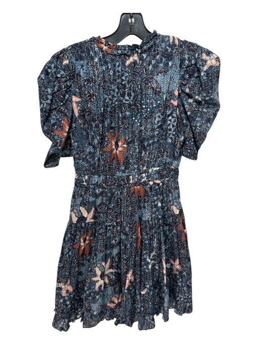 Ulla Johnson Size 00 Blue, Brown, White Cotton Blend Floral Mini Dress Blue, Brown, White / 00