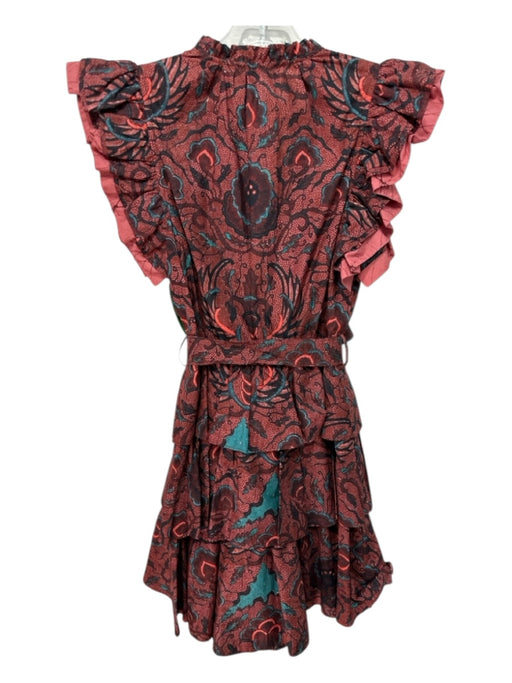 Ulla Johnson Size 00 Red & Teal Cotton Sash Abstract Floral V Neck Dress Red & Teal / 00