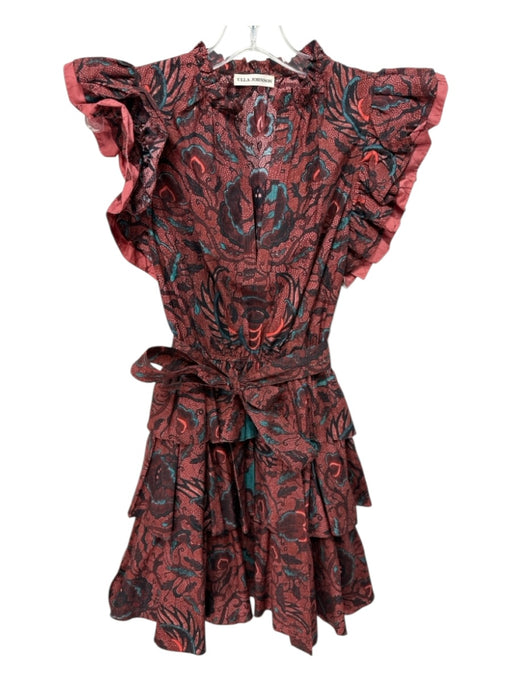 Ulla Johnson Size 00 Red & Teal Cotton Sash Abstract Floral V Neck Dress Red & Teal / 00