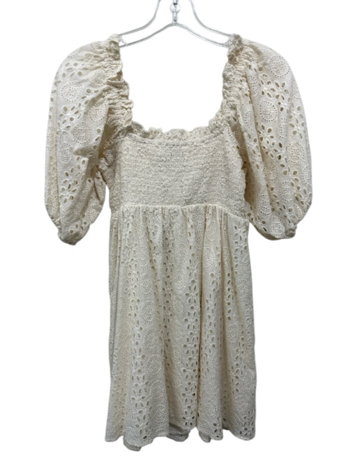Cleobella Size XS White Cotton Smocked Bodice Eyelet Lace Puff Sleeve Mini Dress White / XS
