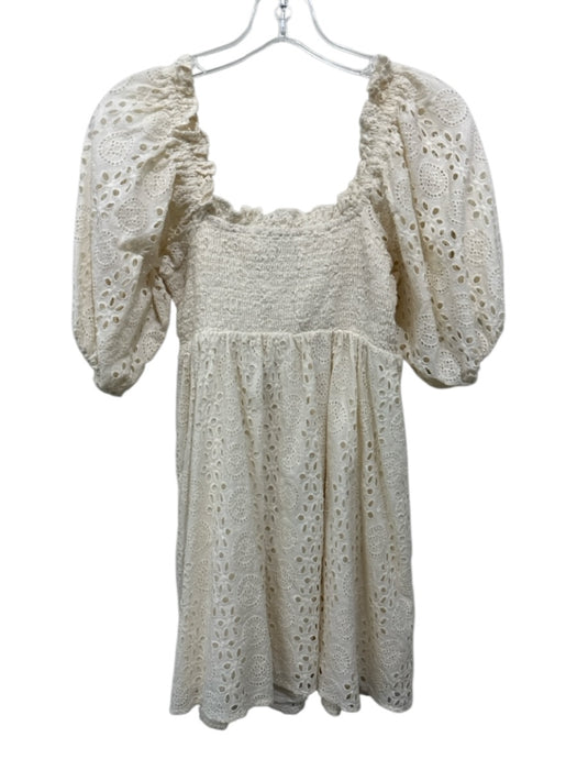 Cleobella Size XS White Cotton Smocked Bodice Eyelet Lace Puff Sleeve Mini Dress White / XS