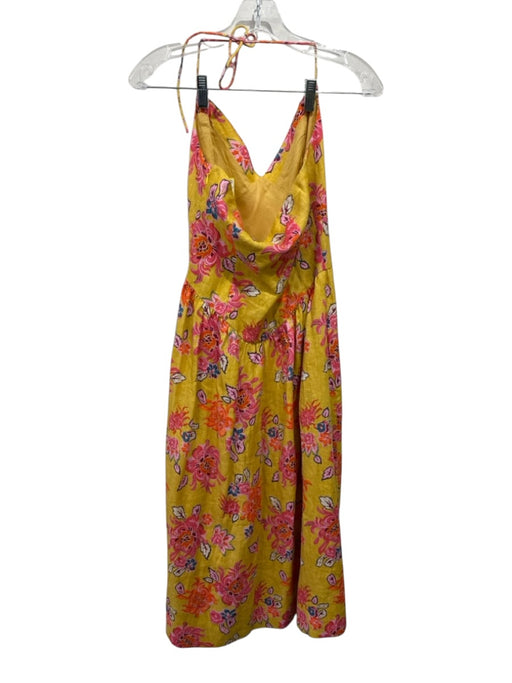 Rhode Size 0 Yellow & Multi Linen Sleeveless Floral Tie Neck Midi Dress Yellow & Multi / 0
