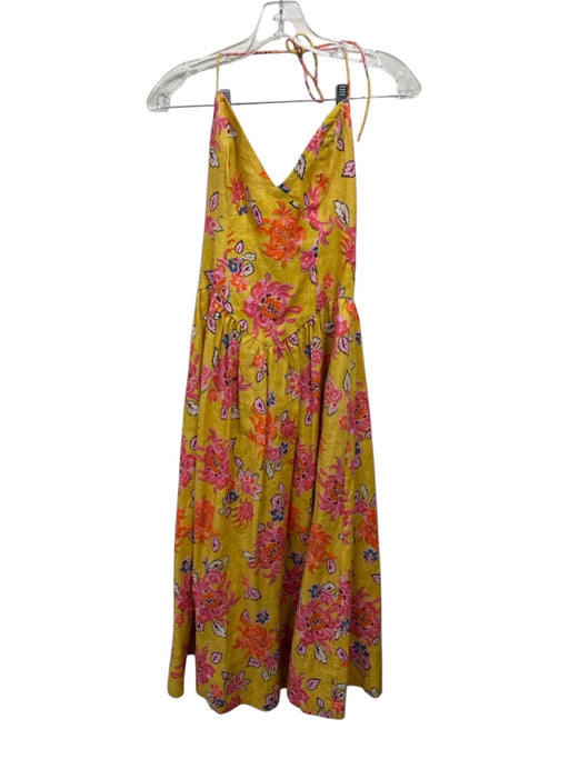 Rhode Size 0 Yellow & Multi Linen Sleeveless Floral Tie Neck Midi Dress Yellow & Multi / 0