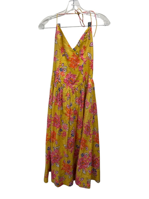 Rhode Size 0 Yellow & Multi Linen Sleeveless Floral Tie Neck Midi Dress Yellow & Multi / 0