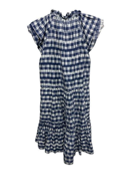 Veronica Beard Size 2 White & Navy Blue Cotton Checked Ruffle Cap Sleeve Dress White & Navy Blue / 2