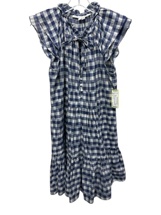 Veronica Beard Size 2 White & Navy Blue Cotton Checked Ruffle Cap Sleeve Dress White & Navy Blue / 2