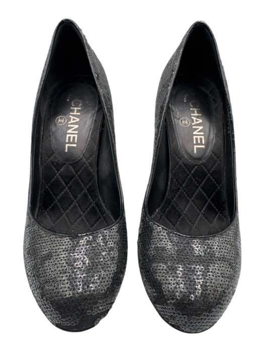 Chanel Shoe Size 38 Black Satin All Over Sequins Round Toe Satin Heel Logo Pumps Black / 38