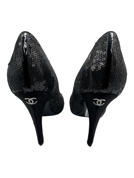 Chanel Shoe Size 38 Black Satin All Over Sequins Round Toe Satin Heel Logo Pumps Black / 38