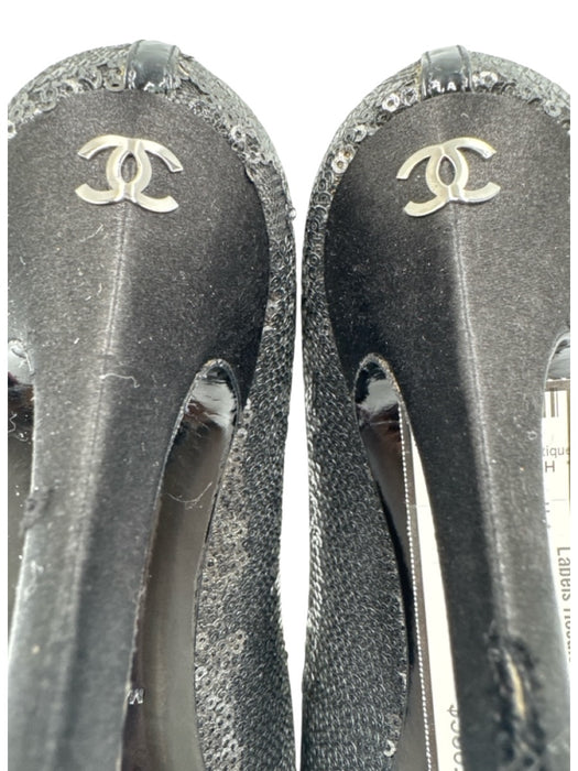Chanel Shoe Size 38 Black Satin All Over Sequins Round Toe Satin Heel Logo Pumps Black / 38