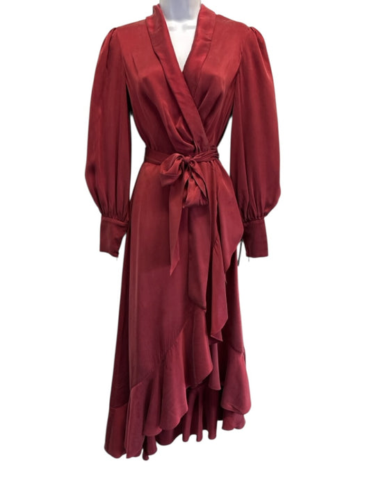 Zimmermann Size 1/S Burgundy Red Silk Long puff sleeve Wrap V Neck Maxi Dress Burgundy Red / 1/S