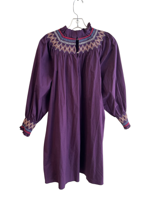 Pomander Place Size XS Eggplant Cotton Long Sleeve High Ruffle Neck Dress Eggplant / XS
