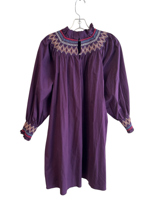 Pomander Place Size XS Eggplant Cotton Long Sleeve High Ruffle Neck Dress Eggplant / XS