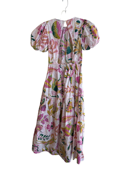 Banjanan Size Small White, Pink & Green Cotton Short Puff Sleeve Open Back Dress White, Pink & Green / Small