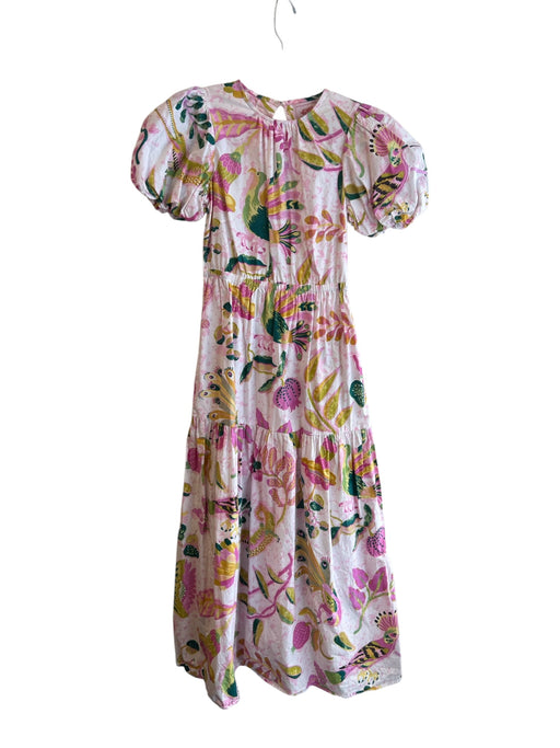 Banjanan Size Small White, Pink & Green Cotton Short Puff Sleeve Open Back Dress White, Pink & Green / Small