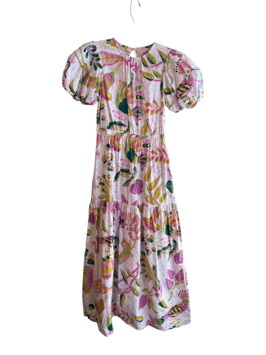Banjanan Size Small White, Pink & Green Cotton Short Puff Sleeve Open Back Dress White, Pink & Green / Small