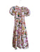 Banjanan Size Small White, Pink & Green Cotton Short Puff Sleeve Open Back Dress White, Pink & Green / Small