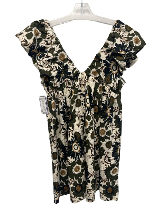 O.P.T. Size XS White, Green, Black Cotton Floral Ruffle Cap Sleeve Dress White, Green, Black / XS