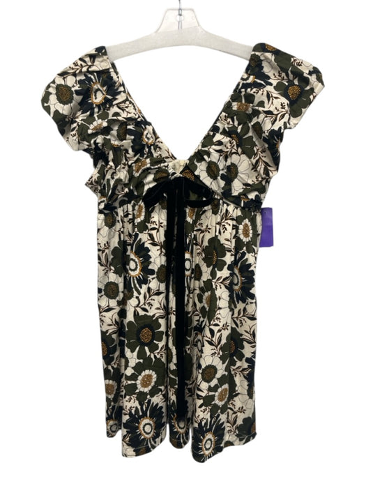 O.P.T. Size XS White, Green, Black Cotton Floral Ruffle Cap Sleeve Dress White, Green, Black / XS