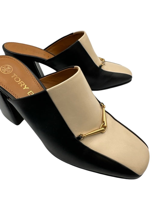 Tory Burch Shoe Size 7.5 Black & Tan Leather Block Heel Horse Bit Mules Black & Tan / 7.5
