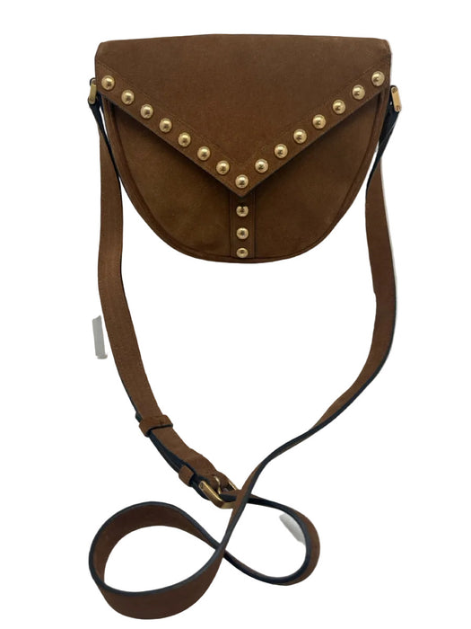 Saint Laurent Tan Brown Suede Gold Studs Flap Satchel Crossbody Strap Bag