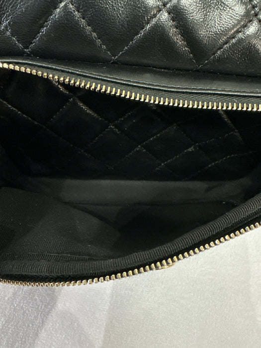 Chanel Black Leather Quilted Shinny Pockets Gold Hardware Bag
