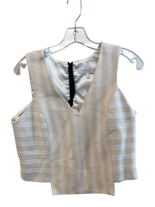 Milly Size 8 White & Nude Cotton Blend Sleeveless Striped V Neck Side Zip Top White & Nude / 8