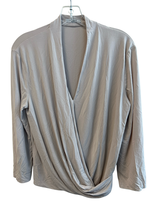 M.M. Lafleur Size L Beige Acetate Long Sleeve Satin V Neck Wrap Detail Top Beige / L