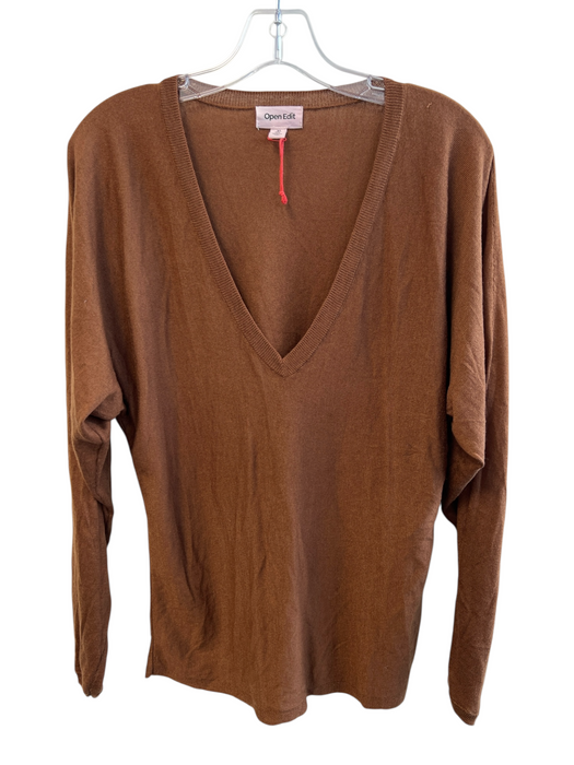 Open Edit Size M Brown Viscose Blend Long Sleeve solid color V Neck Knit Top Brown / M