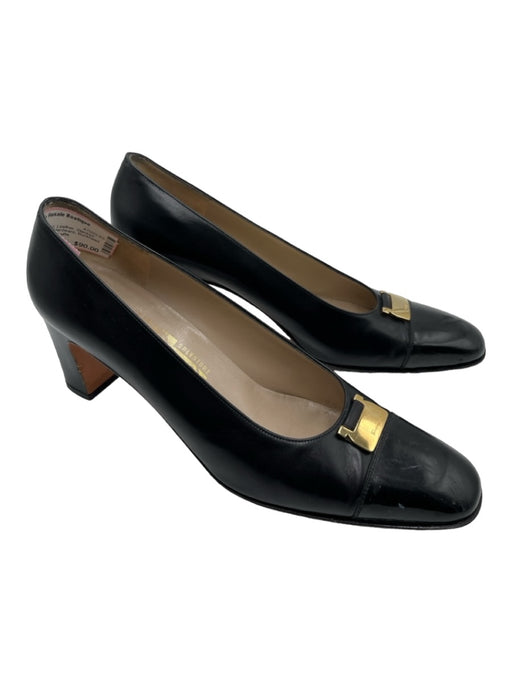 Ferragamo Shoe Size 10 Black & Gold Leather Stacked Heel Slip On Pumps Black & Gold / 10