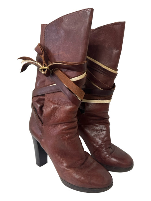 Chloe Shoe Size 38 Brown Leather Stacked Heel Strappy Below the Knee Boots Brown / 38