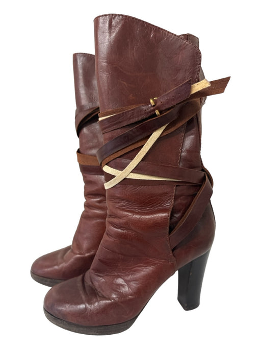 Chloe Shoe Size 38 Brown Leather Stacked Heel Strappy Below the Knee Boots Brown / 38