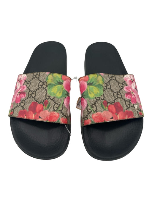 Gucci Shoe Size 37 Black, Pink, Brown Canvas Rubber Sole Floral Slide Sandals Black, Pink, Brown / 37