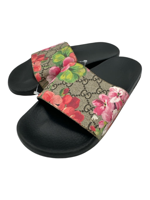 Gucci Shoe Size 37 Black, Pink, Brown Canvas Rubber Sole Floral Slide Sandals Black, Pink, Brown / 37