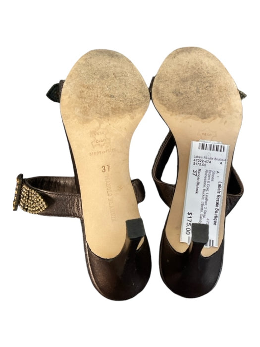 Manolo Blahnik Shoe Size 37 Brown & Gold Leather 2 Strap Rhinestone Buckle Shoes Brown & Gold / 37