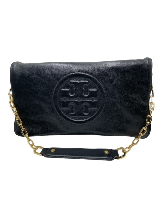 Tory Burch Black Leather GHW Logo Zipper Closure Shoulder Purse Black / Medium