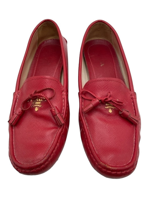 Prada Shoe Size 40 Red Leather Grip Bottom Logo Detail Tassel Slip On Loafers Red / 40