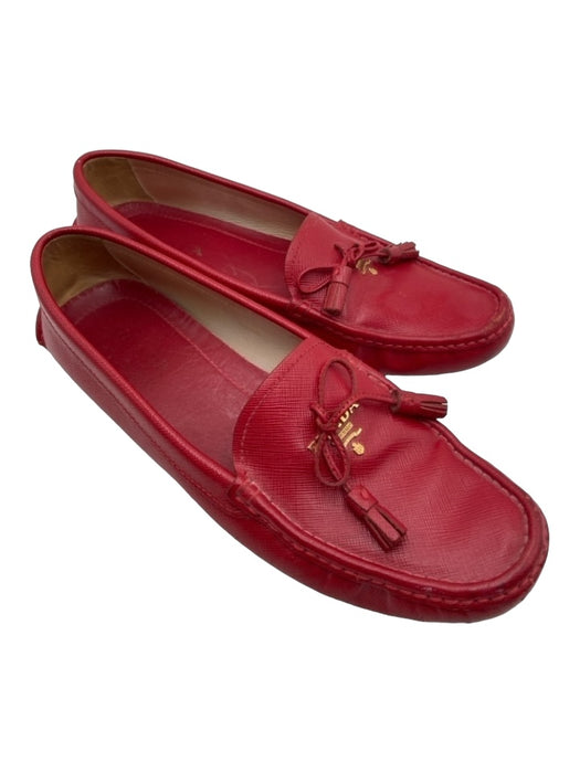 Prada Shoe Size 40 Red Leather Grip Bottom Logo Detail Tassel Slip On Loafers Red / 40