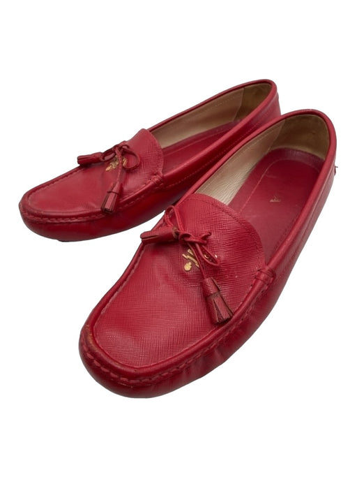 Prada Shoe Size 40 Red Leather Grip Bottom Logo Detail Tassel Slip On Loafers Red / 40