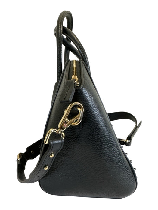 Mario Valentino Spa Black Leather Top Handle Studded Top Zip Bag Black