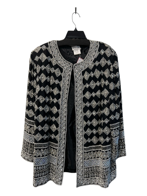 Stenay Size L Black & Silver Silk Beaded Round Neck Shoulder Pads Jacket Black & Silver / L