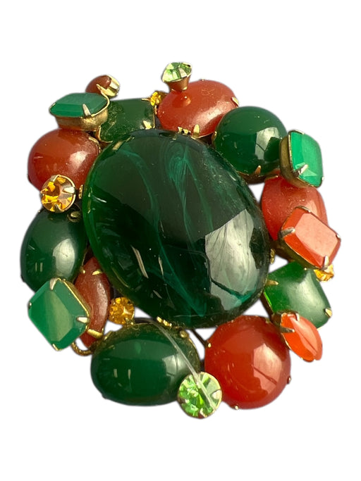Hatti Carnegie Green & Orange Glass Brass Oval Gem Stone Pin Closure Brooch Green & Orange
